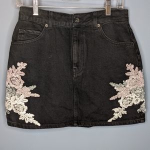 Topshop Moto Embroidered Black Denim Skirt